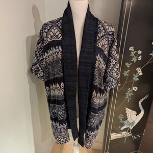 Peruvian Connection Cardigan Women's M/L Blue Tan Fair Isle Cotton Short Sleeve